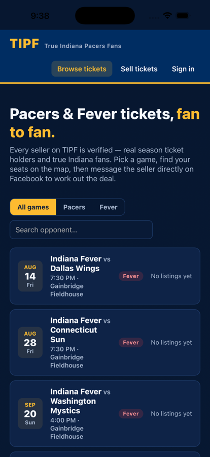 TIPF Tickets app home screen on an iPhone, showing upcoming Indiana Pacers games and ticket listings